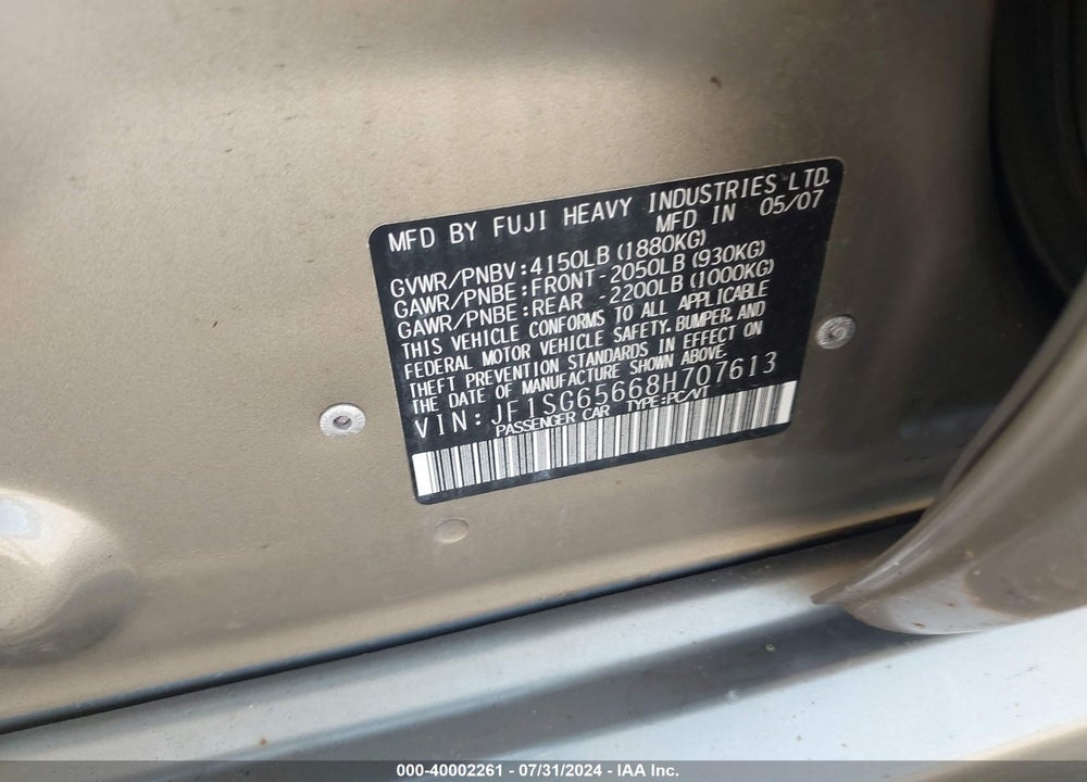 2008 SUBARU FORESTER 2.5X VIN: JF1SG65668H707613