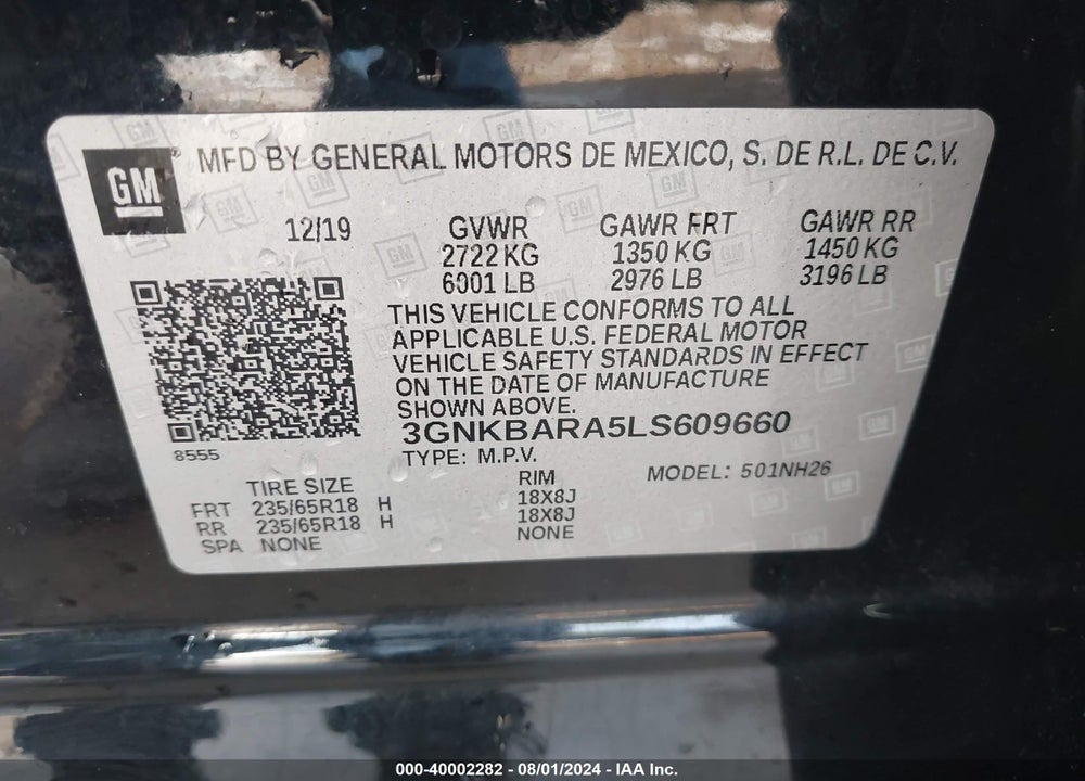 2020 CHEVROLET BLAZER FWD L VIN: 3GNKBARA5LS609660