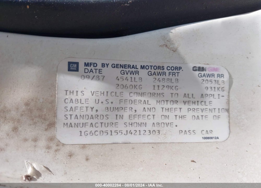 1988 CADILLAC DEVILLE VIN: 1G6CD5155J4212303