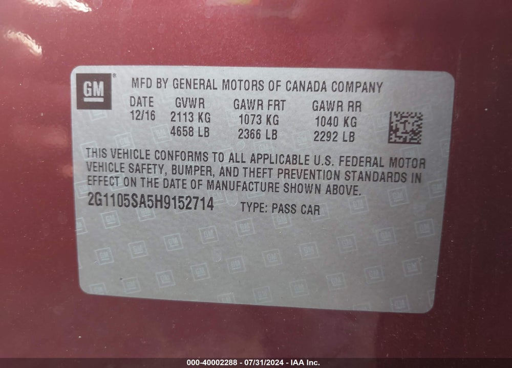 2017 CHEVROLET IMPALA 1LT VIN: 2G1105SA5H9152714