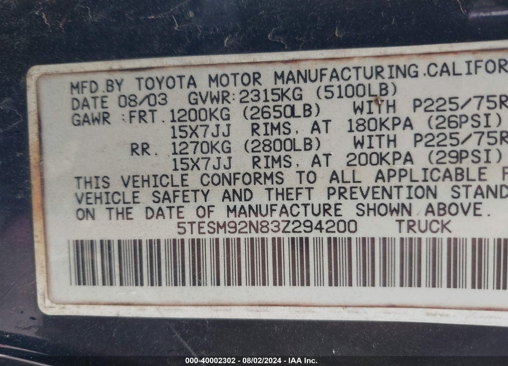 2003 TOYOTA TACOMA PRERUNNER VIN: 5TESM92N83Z294200