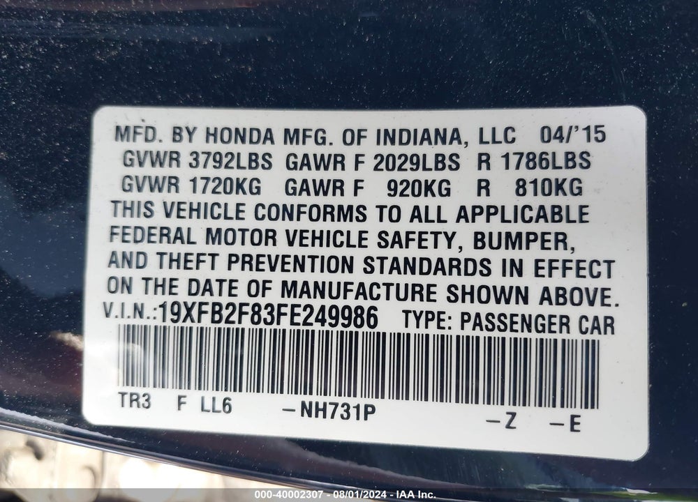 2015 HONDA CIVIC EX VIN: 19XFB2F83FE249986
