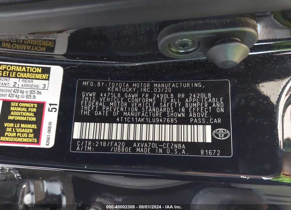 2020 TOYOTA CAMRY LE VIN: 4T1C11AK1LU947685