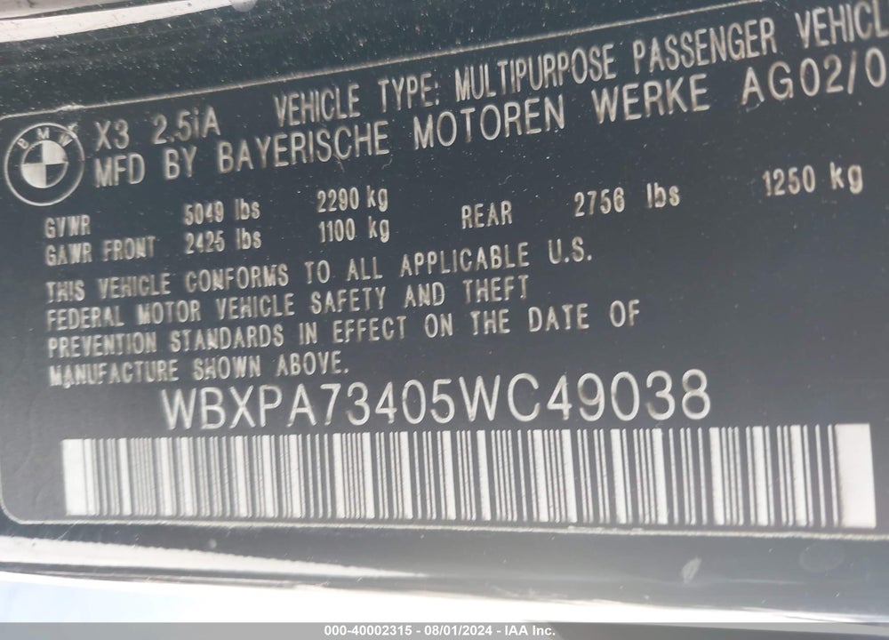 2005 BMW X3 2.5I VIN: WBXPA73405WC49038