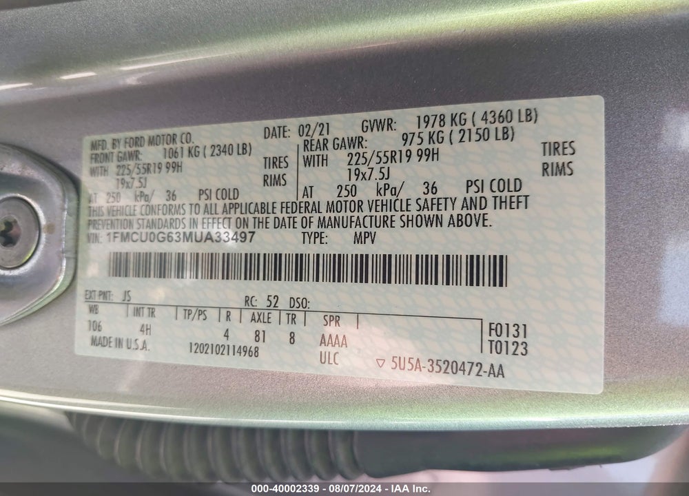 2021 FORD ESCAPE SE VIN: 1FMCU0G63MUA33497