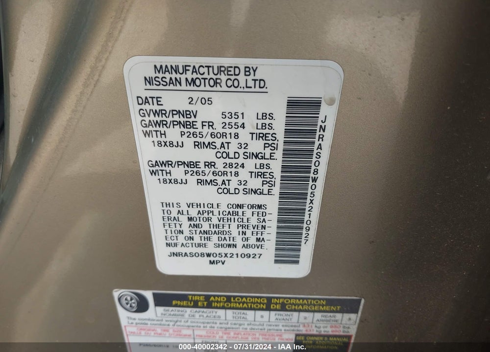 2005 INFINITI FX35 VIN: JNRAS08W05X210927