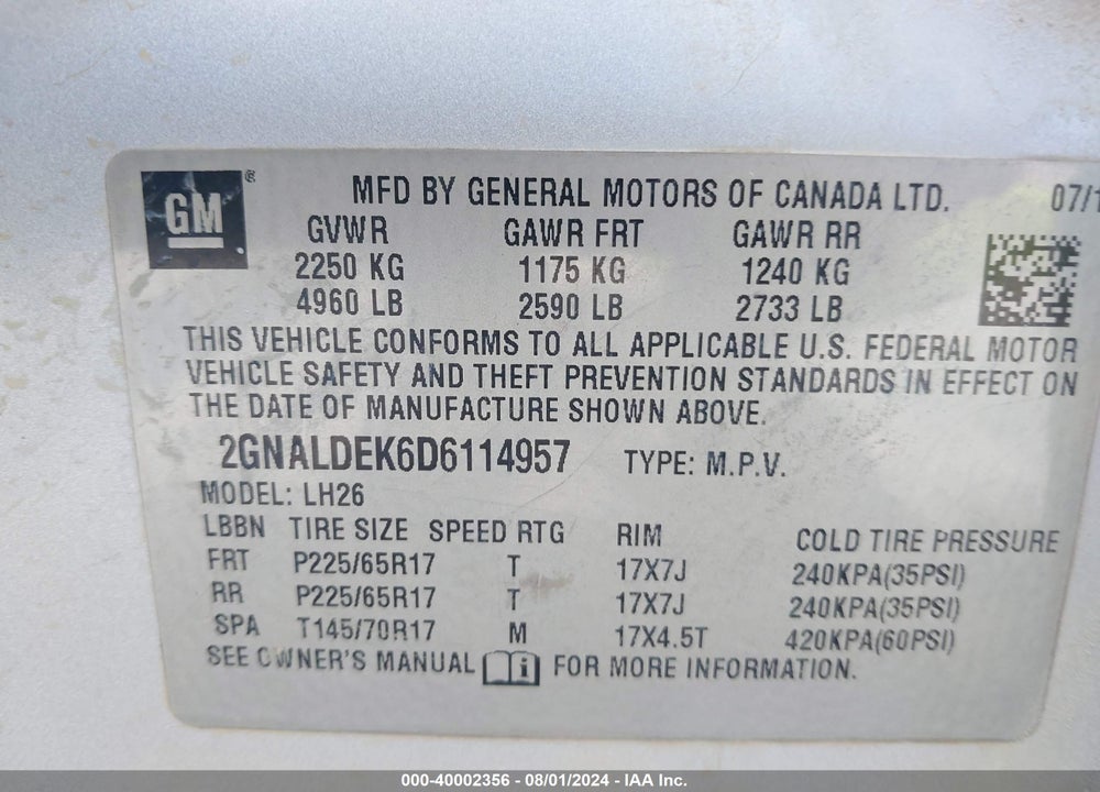 2013 CHEVROLET EQUINOX 1LT VIN: 2GNALDEK6D6114957