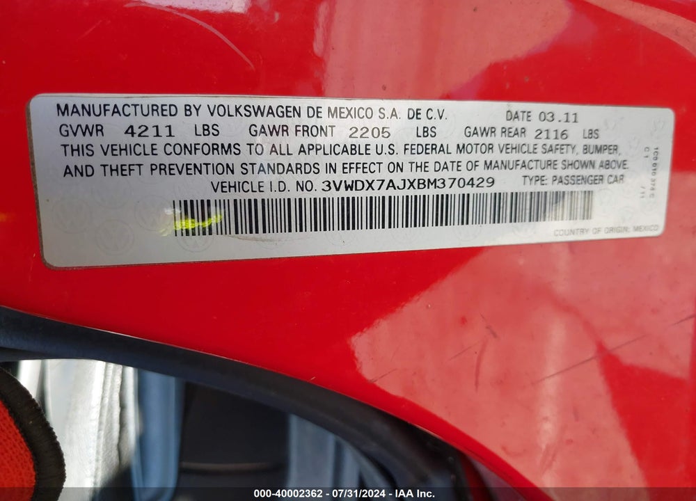 2011 VOLKSWAGEN JETTA 2.5L SE VIN: 3VWDX7AJXBM370429