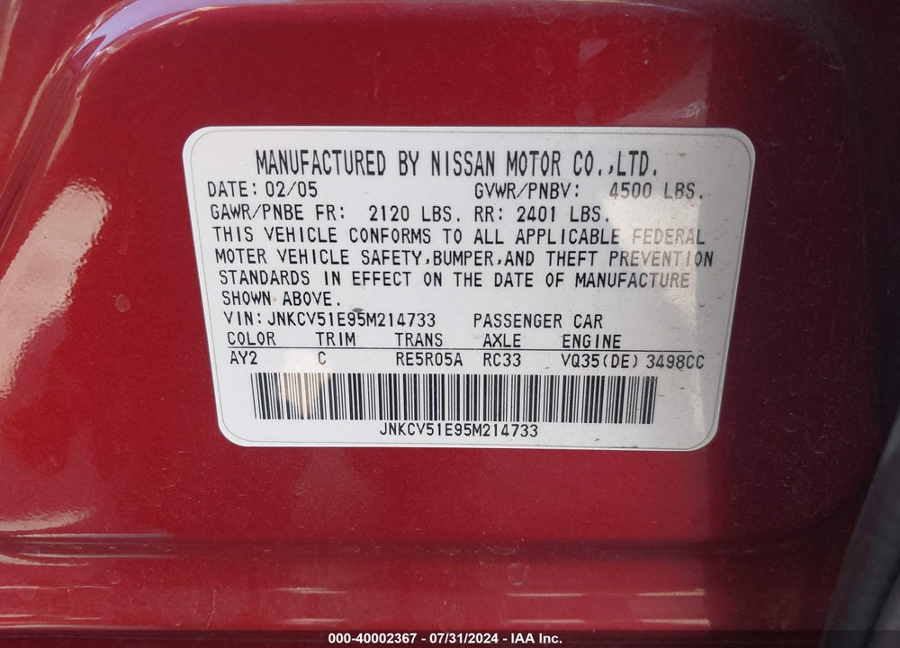 2005 INFINITI G35 VIN: JNKCV51E95M214733