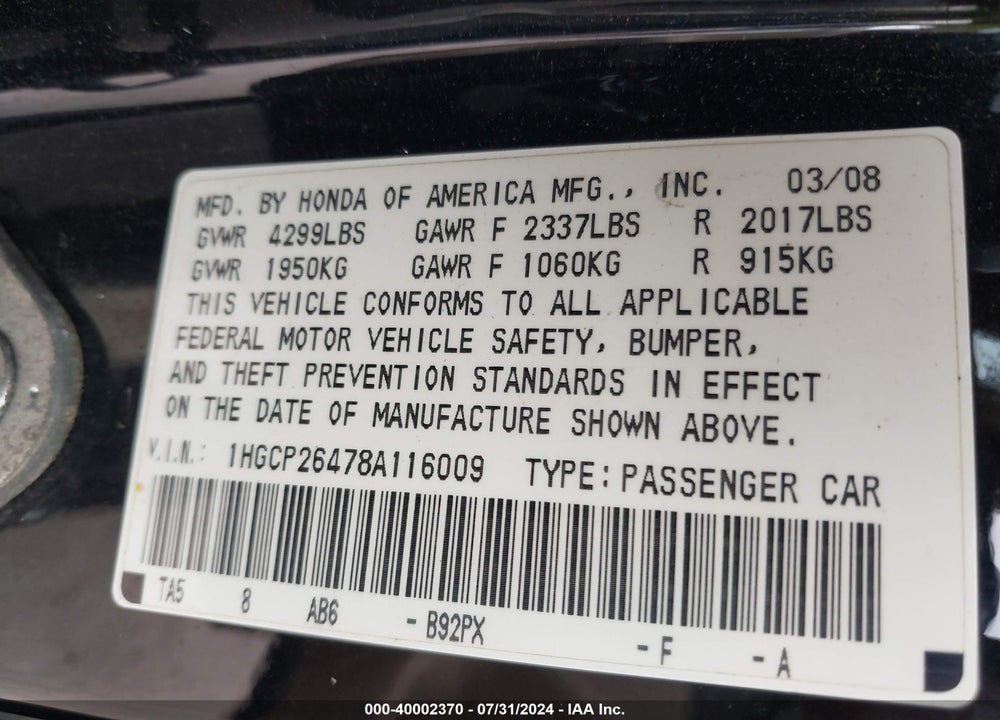 2008 HONDA ACCORD VIN: 1HGCP26478A116009