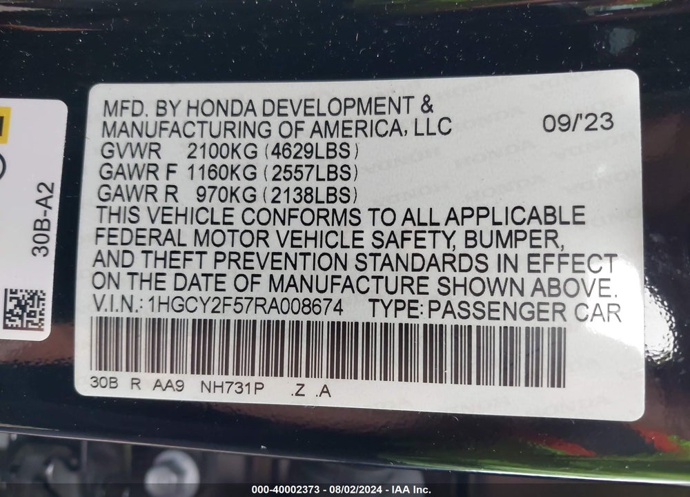 2024 HONDA ACCORD HYBRID SPORT VIN: 1HGCY2F57RA008674