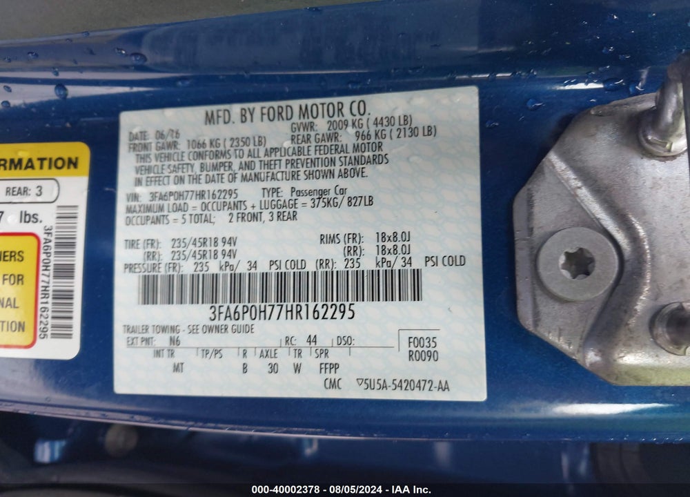 2017 FORD FUSION SE VIN: 3FA6P0H77HR162295