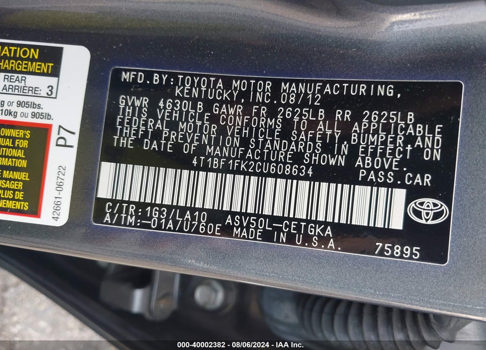 2012 TOYOTA CAMRY XLE VIN: 4T1BF1FK2CU608634