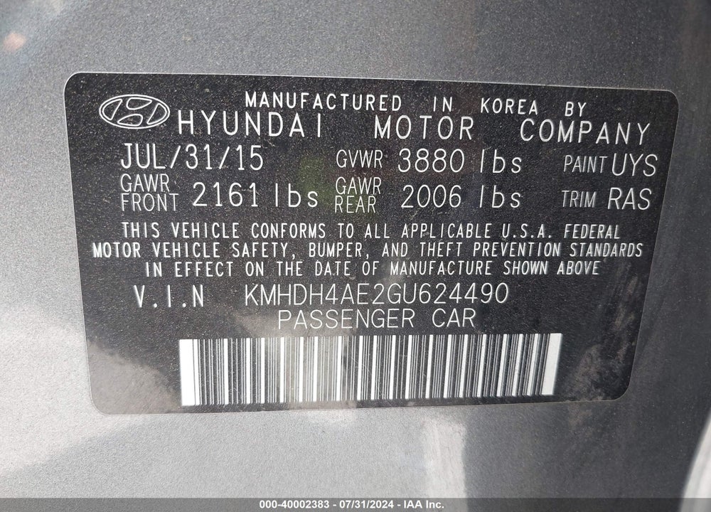 2016 HYUNDAI ELANTRA SE VIN: KMHDH4AE2GU624490