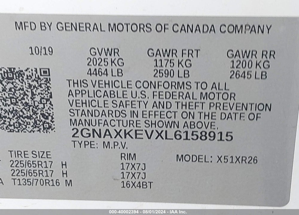 2020 CHEVROLET EQUINOX VIN: 2GNAXKEVXL6158915