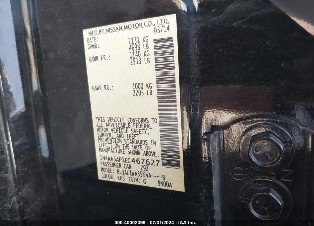 2014 NISSAN MAXIMA 3.5 S/3.5 SV VIN: 1N4AA5AP1EC467627