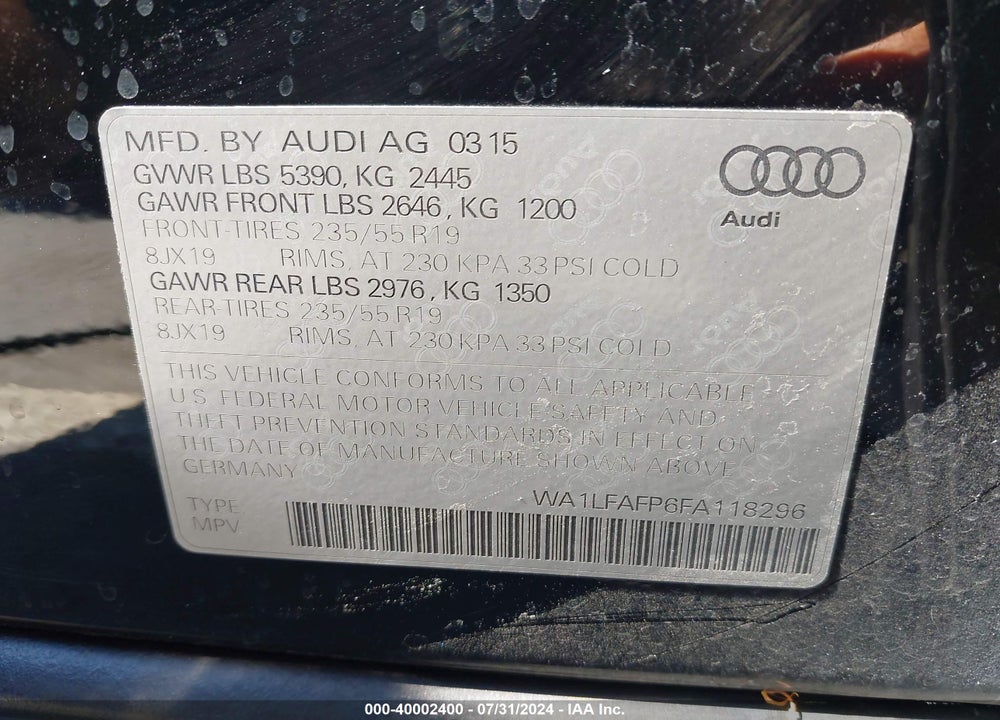 2015 AUDI Q5 2.0T PREMIUM VIN: WA1LFAFP6FA118296