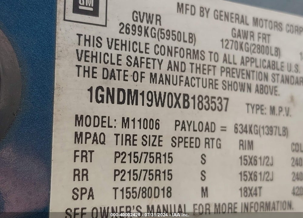 1999 CHEVROLET ASTRO VIN: 1GNDM19W0XB183537