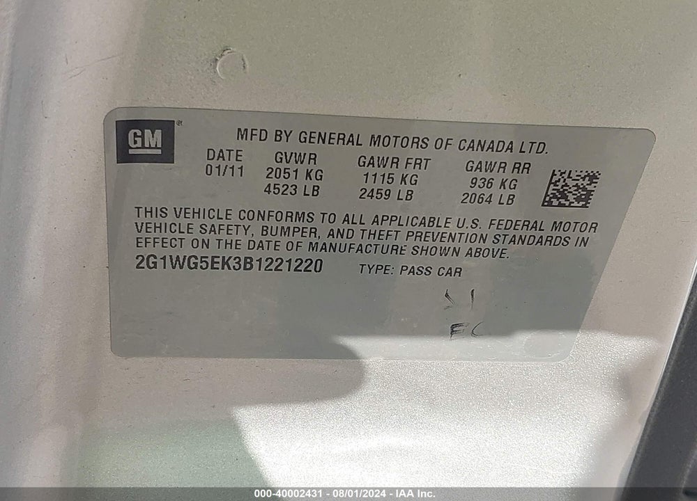 2011 CHEVROLET IMPALA LT VIN: 2G1WG5EK3B1221220