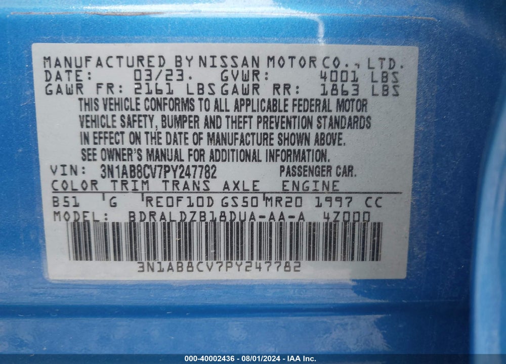 2023 NISSAN SENTRA SV XTRONIC CVT VIN: 3N1AB8CV7PY247782