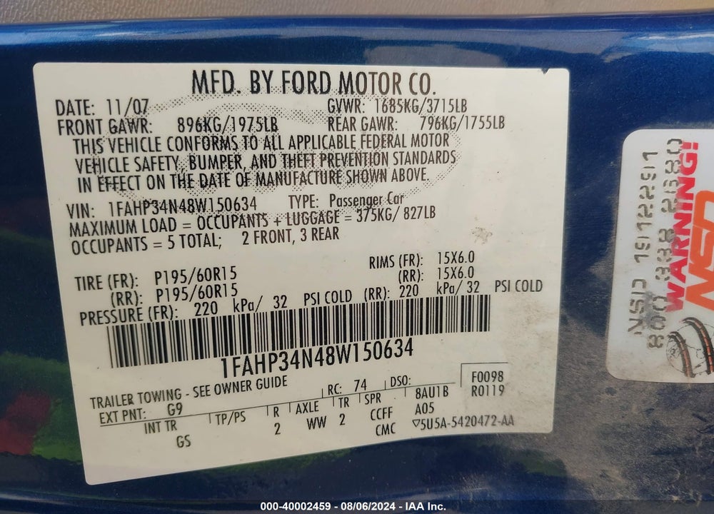 2008 FORD FOCUS S VIN: 1FAHP34N48W150634