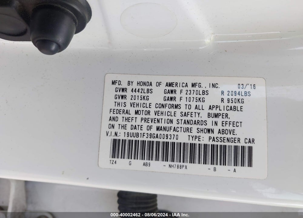 2016 ACURA TLX VIN: 19UUB1F39GA009370