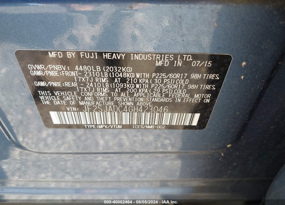2016 SUBARU FORESTER 2.5I PREMIUM VIN: JF2SJADC4GH423046
