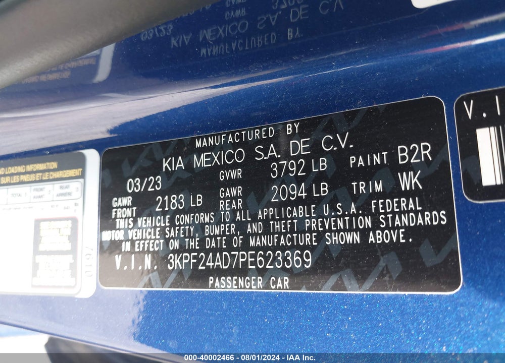 2023 KIA FORTE LXS VIN: 3KPF24AD7PE623369