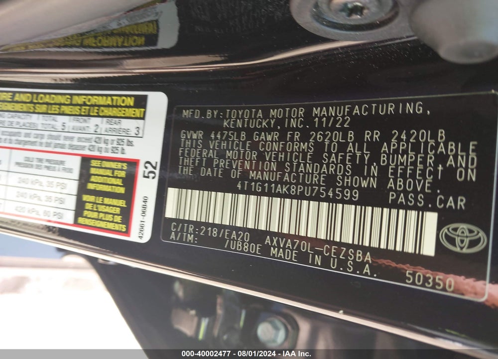 2023 TOYOTA CAMRY SE VIN: 4T1G11AK8PU754599