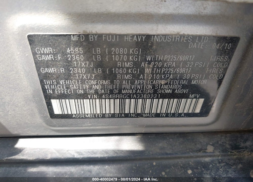 2010 SUBARU OUTBACK 2.5I PREMIUM VIN: 4S4BRBGC1A3380231