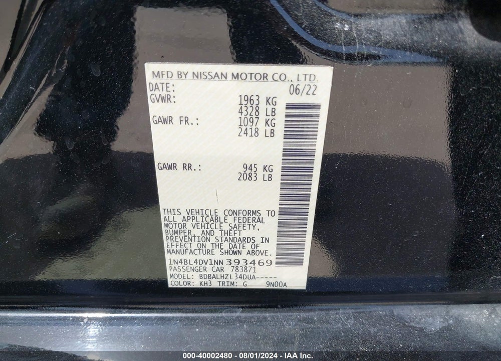 2022 NISSAN ALTIMA SV FWD VIN: 1N4BL4DV1NN393469