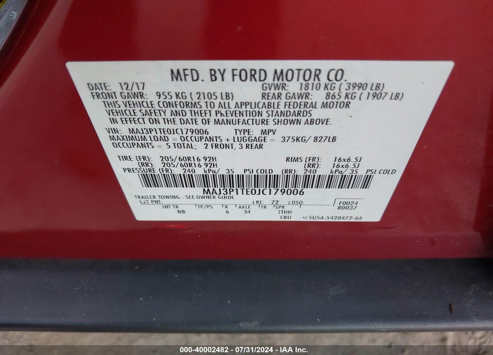 2018 FORD ECOSPORT SE VIN: MAJ3P1TE0JC179006
