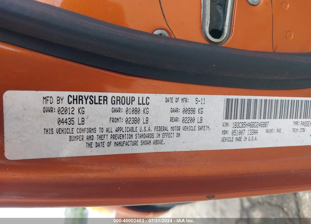 2011 DODGE CALIBER HEAT VIN: 1B3CB5HA6BD246887