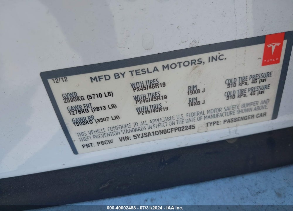 2012 TESLA MODEL S SIGNATURE VIN: 5YJSA1DN0CFP02245
