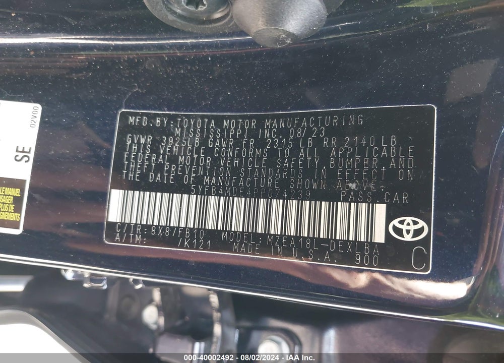 2023 TOYOTA COROLLA LE VIN: 5YFB4MDE4PP074239