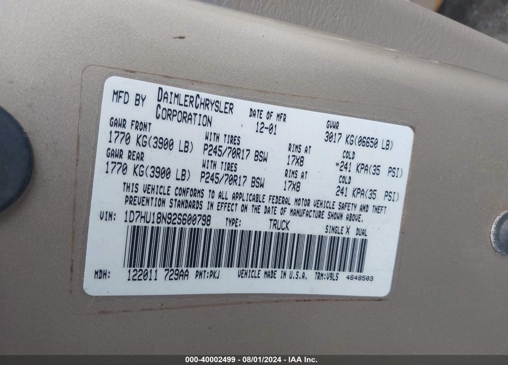 2002 DODGE RAM 1500 ST VIN: 1D7HU18N92S600798