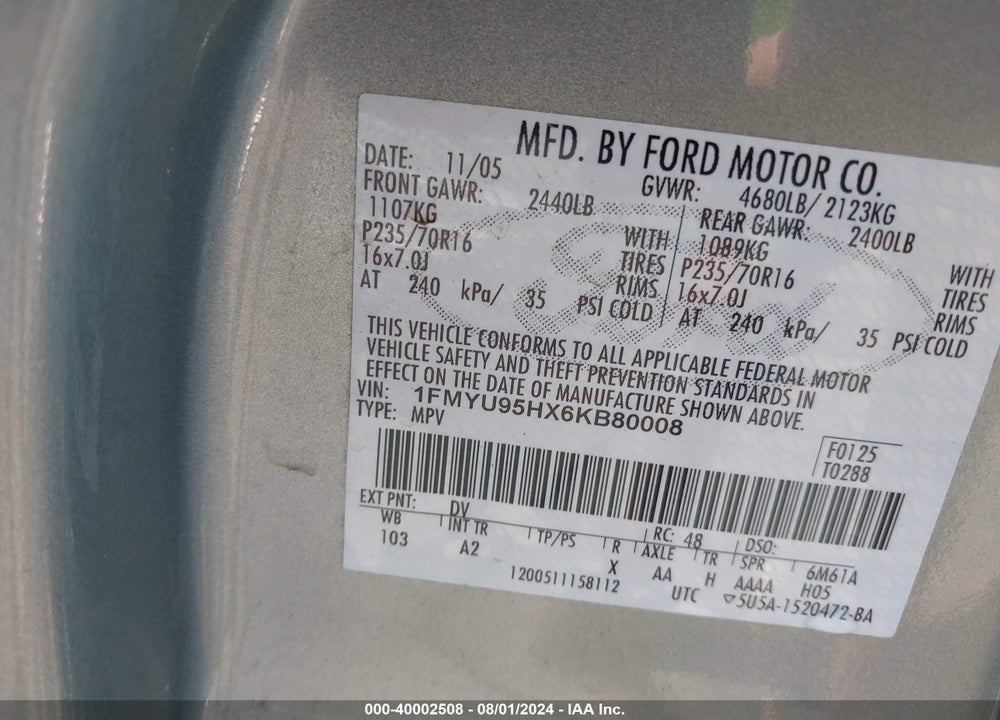 2006 FORD ESCAPE HYBRID VIN: 1FMYU95HX6KB80008