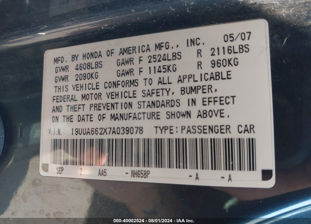 2007 ACURA TL 3.2 VIN: 19UUA662X7A039078