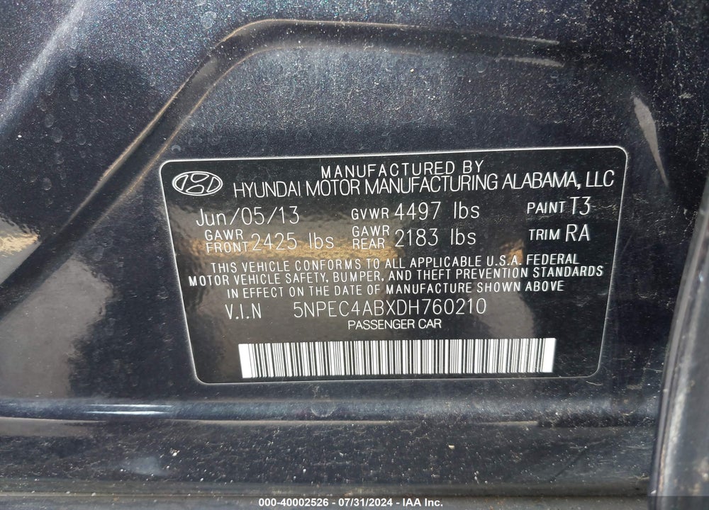 2013 HYUNDAI SONATA SE 2.0T VIN: 5NPEC4ABXDH760210
