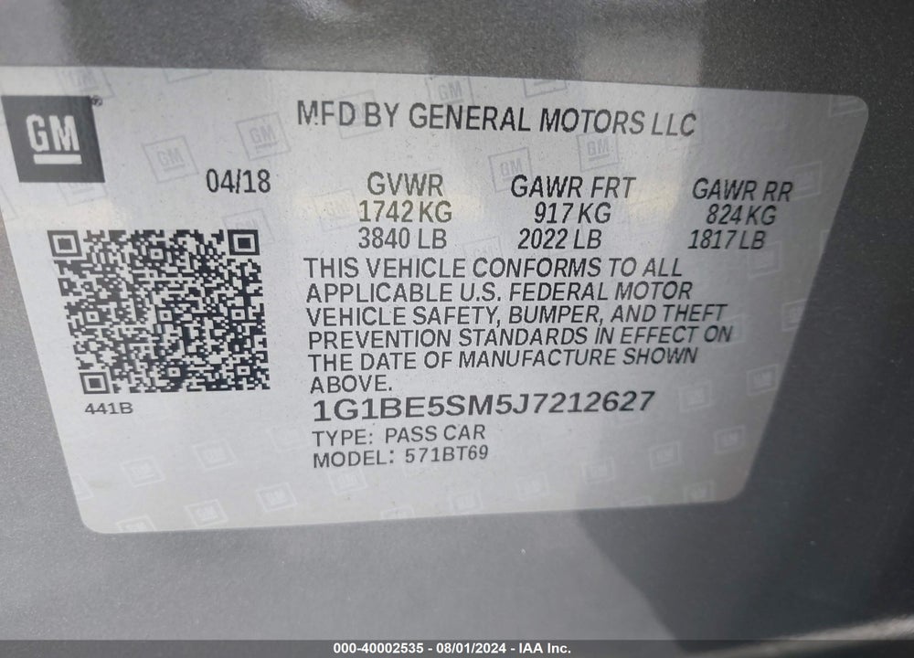 2018 CHEVROLET CRUZE LT AUTO VIN: 1G1BE5SM5J7212627