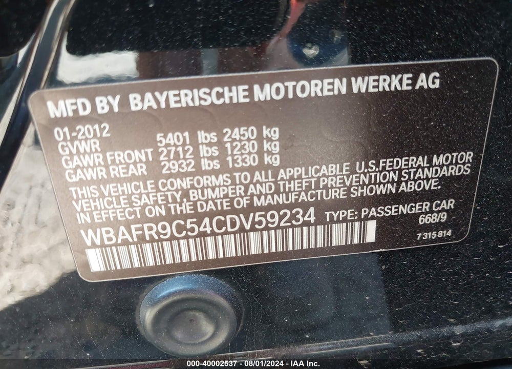 2012 BMW 550I VIN: WBAFR9C54CDV59234