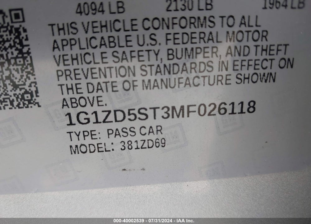 2021 CHEVROLET MALIBU FWD LT VIN: 1G1ZD5ST3MF026118