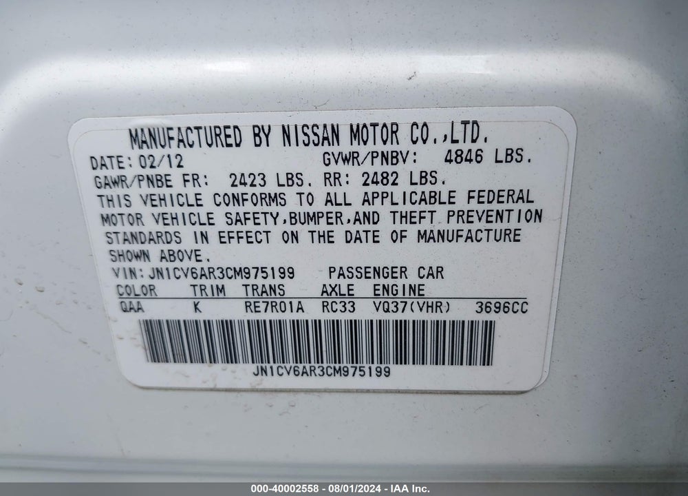 2012 INFINITI G37X VIN: JN1CV6AR3CM975199