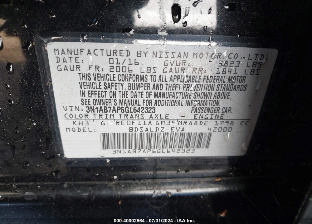 2016 NISSAN SENTRA FE+ S/S/SL/SR/SV VIN: 3N1AB7AP6GL642323