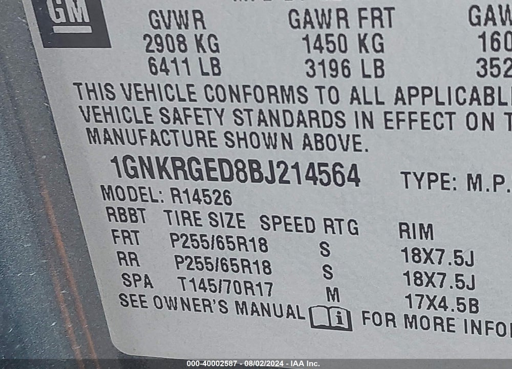 2011 CHEVROLET TRAVERSE 1LT VIN: 1GNKRGED8BJ214564