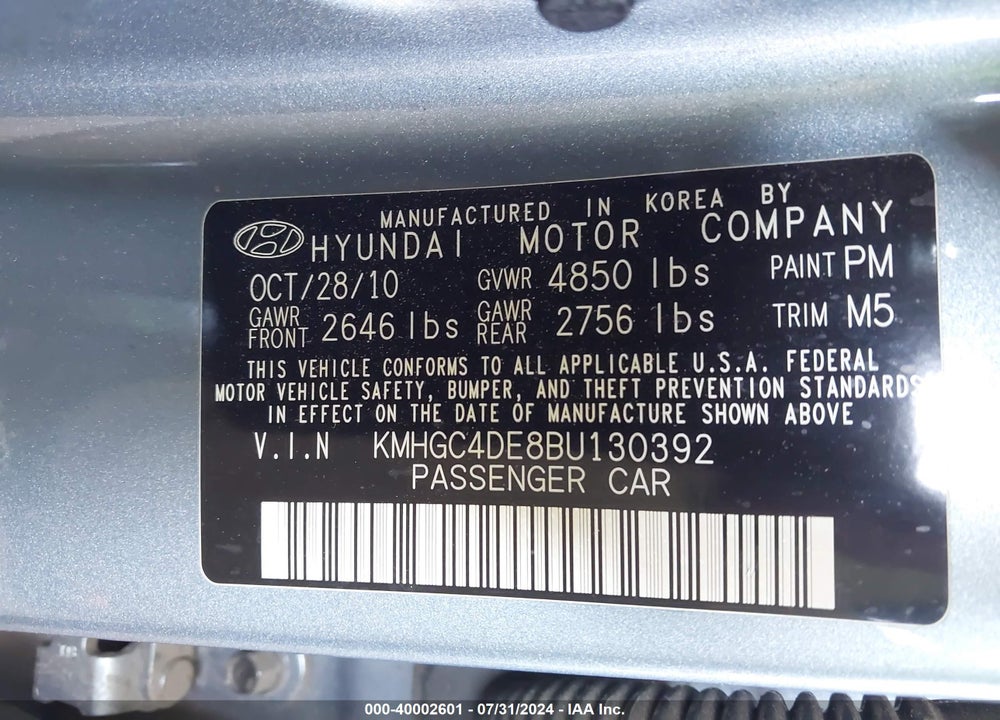 2011 HYUNDAI GENESIS 3.8 VIN: KMHGC4DE8BU130392