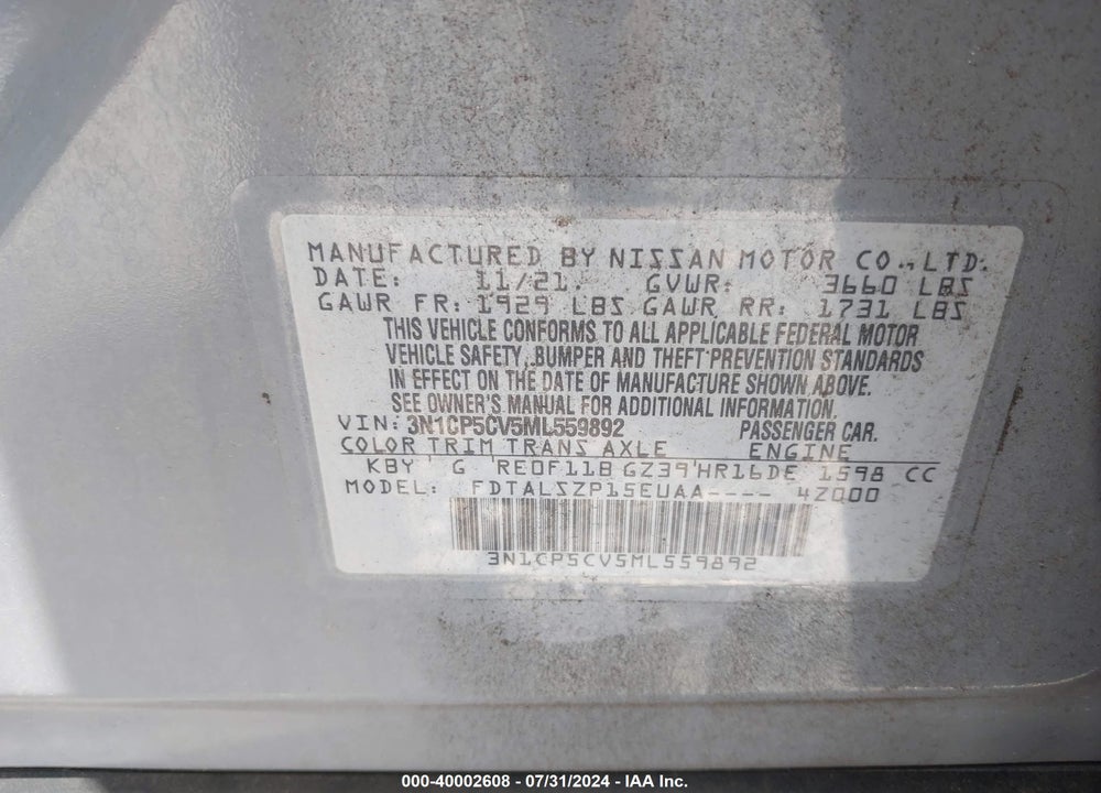 2021 NISSAN KICKS SV XTRONIC CVT VIN: 3N1CP5CV5ML559892