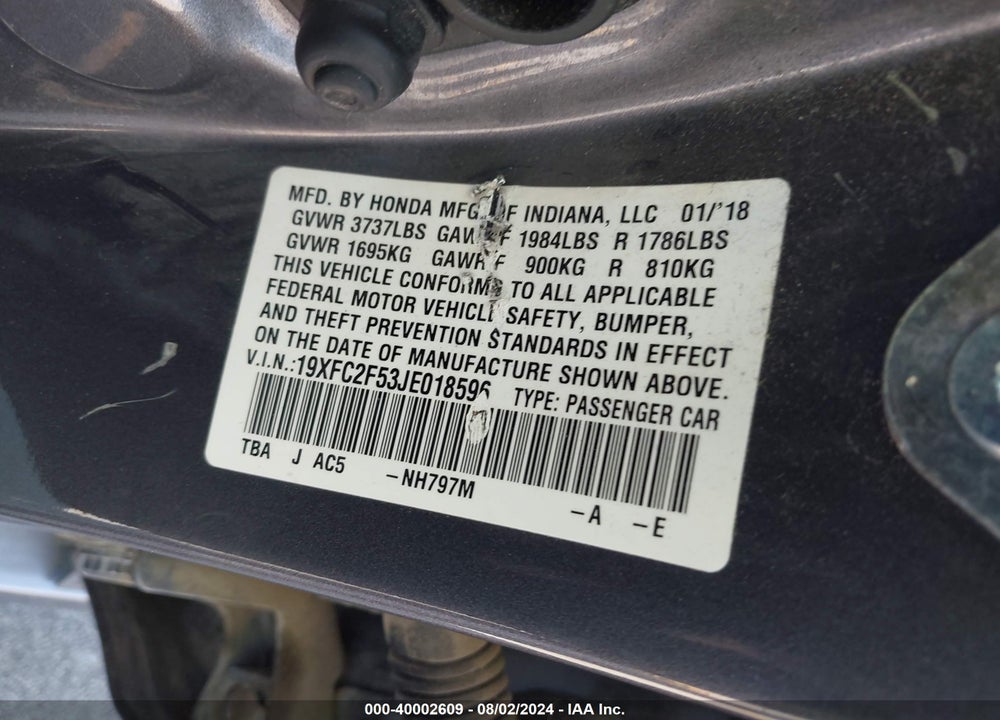 2018 HONDA CIVIC LX VIN: 19XFC2F53JE018596