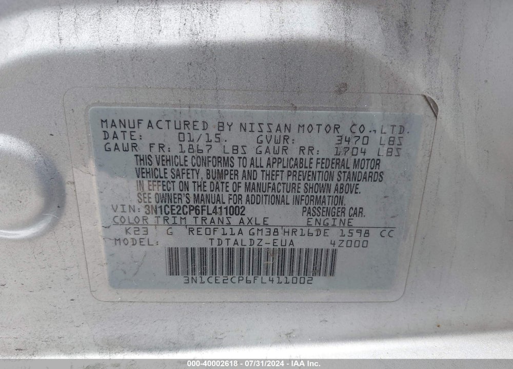 2015 NISSAN VERSA NOTE S (SR)/S PLUS/SL/SR/SV VIN: 3N1CE2CP6FL411002