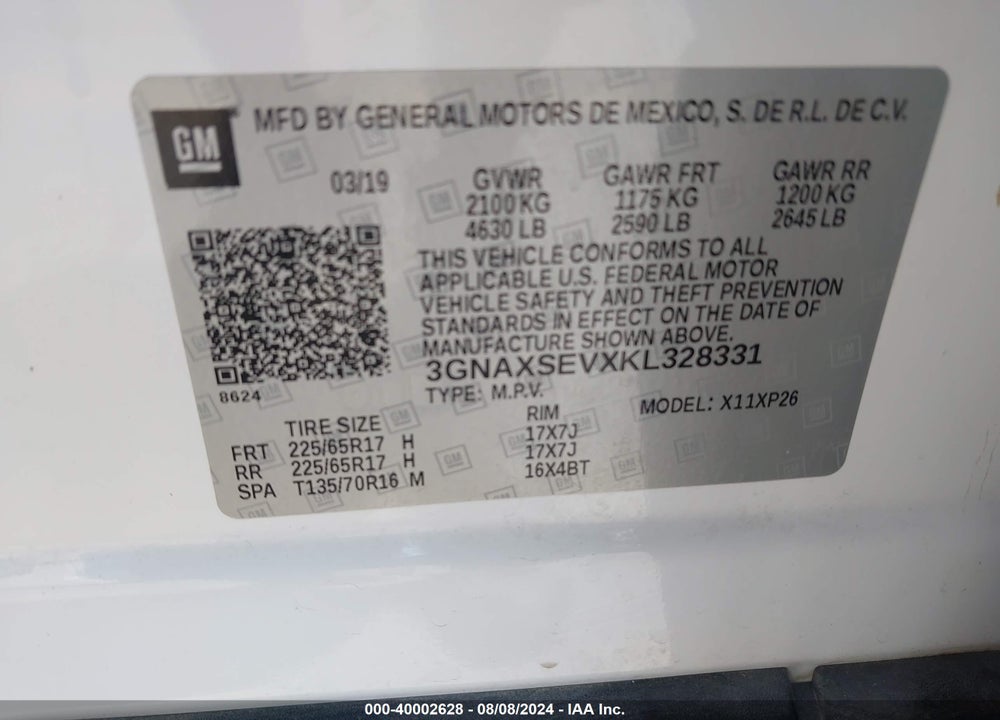 2019 CHEVROLET EQUINOX LS VIN: 3GNAXSEVXKL328331